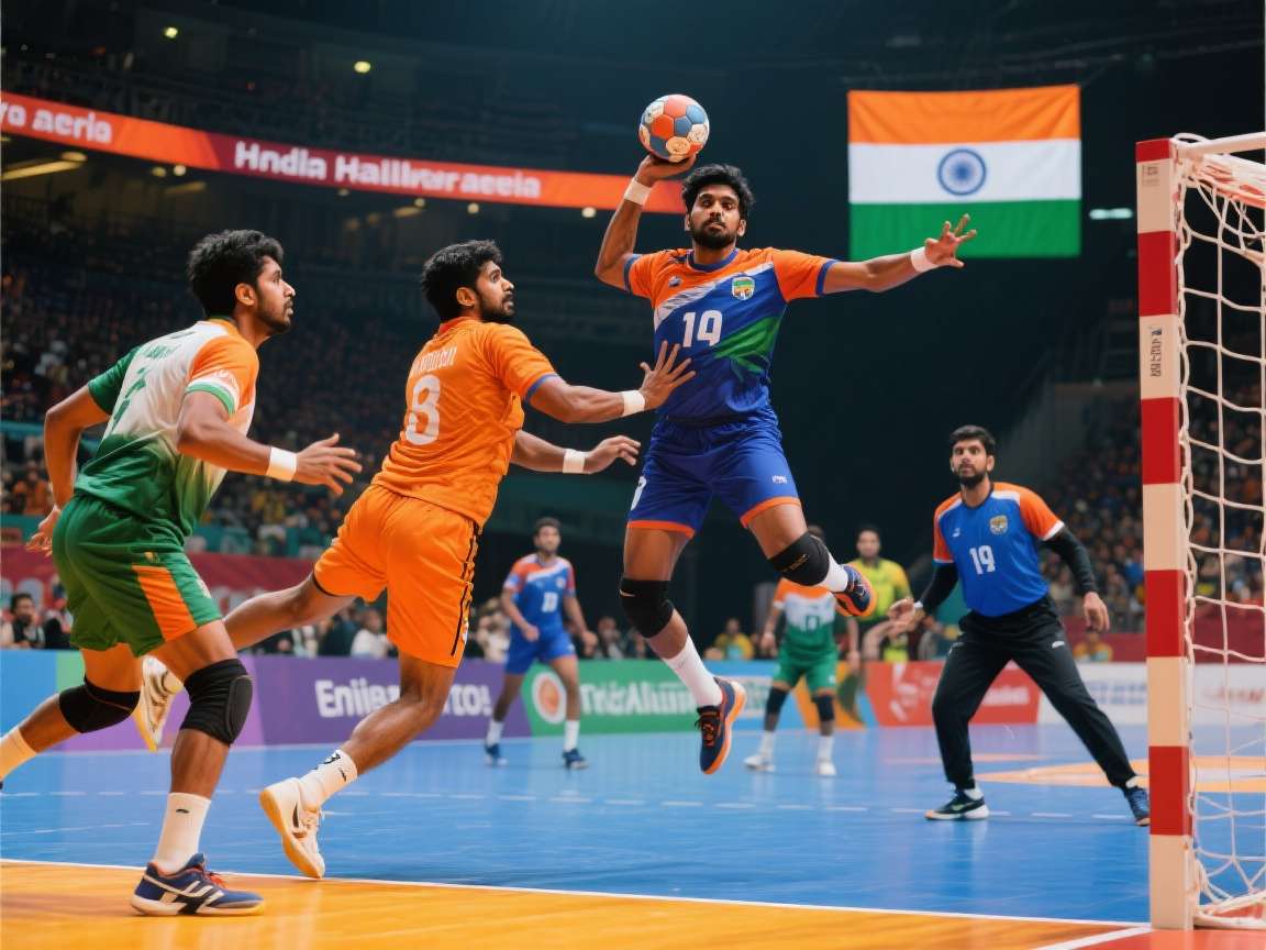Indian Handball Arena - Authentic Indian handball action Indian Handball Arena gameplay showing an intense match between Kolkata and Mumbai teams